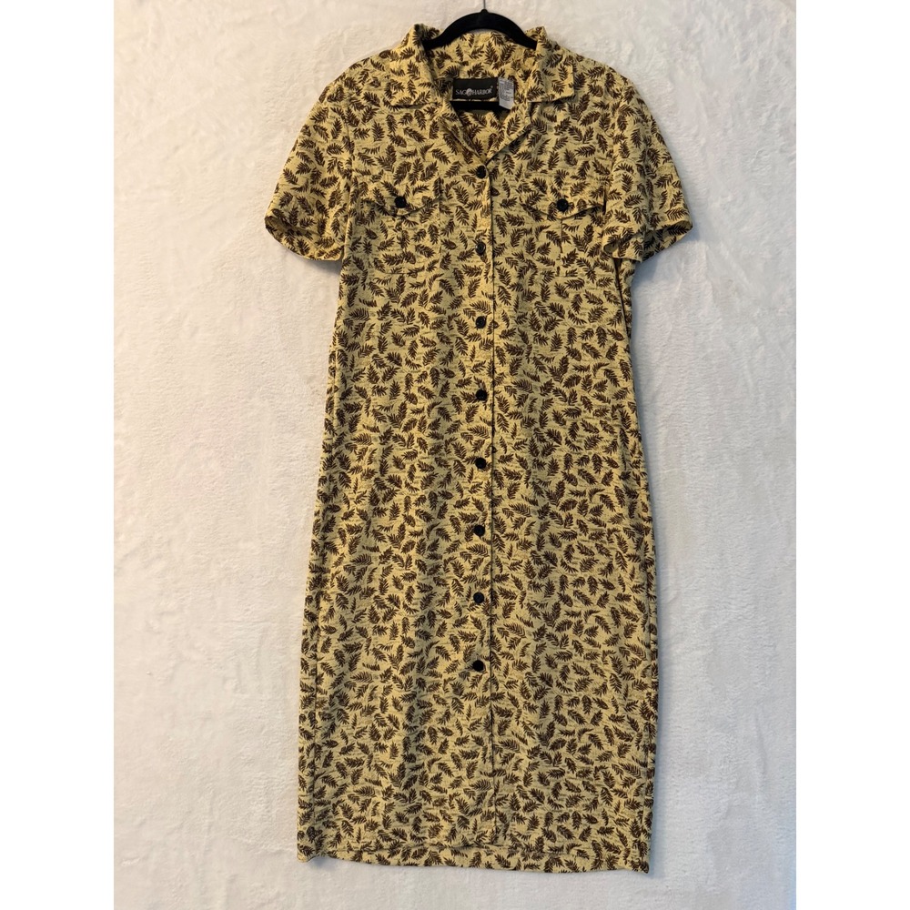 Sag Harbor Vintage Midi Dress Womens 12 Tan Brown Leaf Print Button Front Pocket